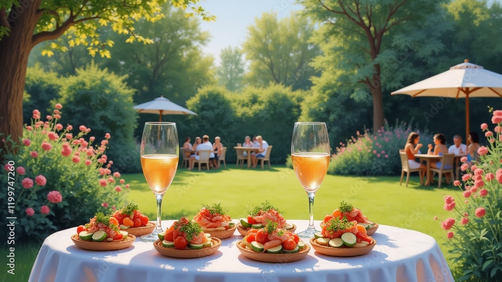 Poster the image shows a table set up in a garden with a beautiful view of the garden. the table is covered