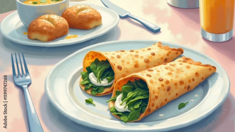 Poster the image shows a table setting with two plates of food. on the left plate, there is a small bowl of