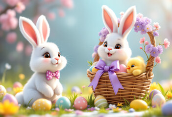 Obraz premium Fluffy white bunny with funny Easter rabbit, easter chick peek from a basket filled with colorful easter eggs on a sunny spring day. Greeting cards, festive banners, educational materials, and social 