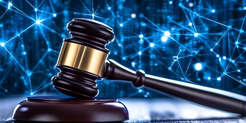 A gavel rests on a block with a digital backdrop, symbolizing law, justice, and the intersection of technology and legal systems. Concept Law and Justice, Digital Technology in Law