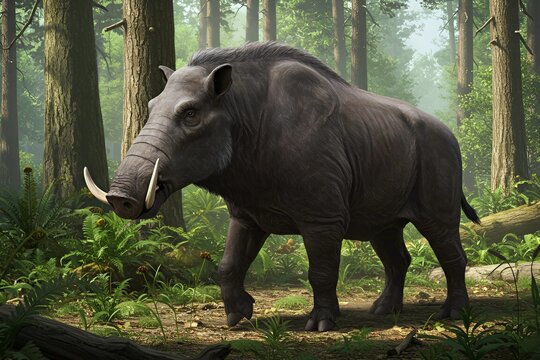 This detailed illustration captures the imposing presence of an Archaeotherium, an extinct genus of entelodont