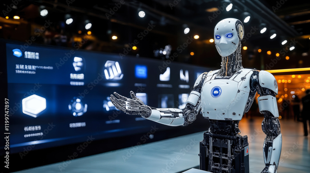 Poster advanced humanoid robot prototype showcasing vision and dexterous manipulation features