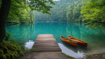 Obraz premium Secluded lake with a wooden dock and a canoe - generated AI