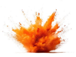 Orange powder explosion creating a vibrant cloud on a black background for creative design projects isolated on a white background.