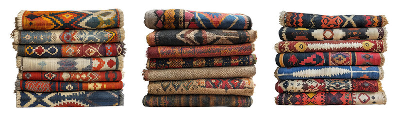 Colorful Traditional Blankets Stacked on Transparent Background