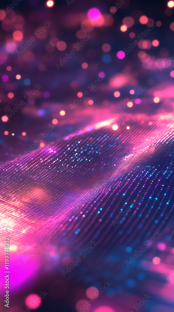 Fototapete abstract pink and blue glowing particles forming a wavy surface with bokeh lights in the background