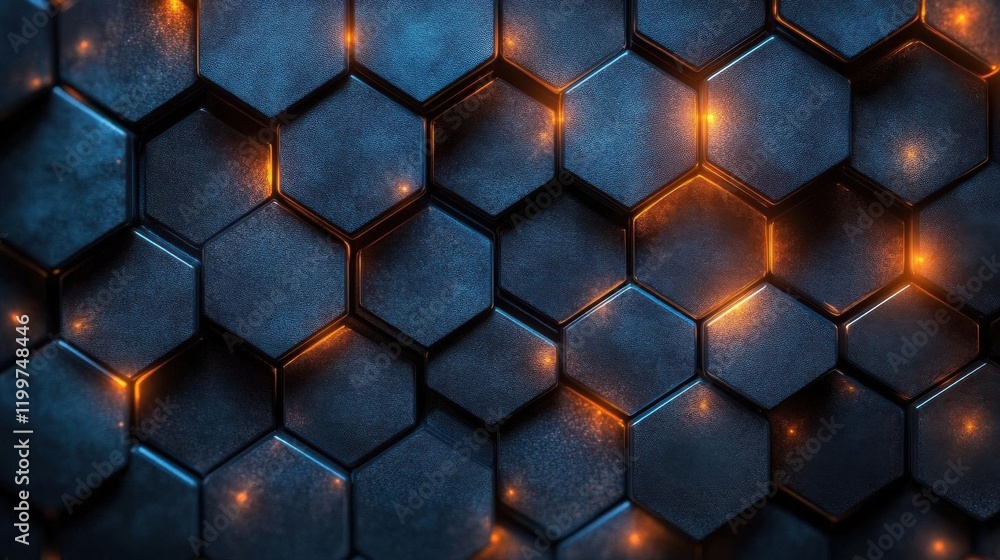 Poster a dark, textured hexagonal pattern features glowing orange highlights, creating a modern and dynamic