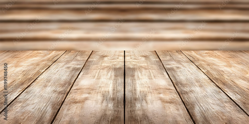 Poster a textured wooden surface with planks, creating a warm and rustic appearance. the background is blur