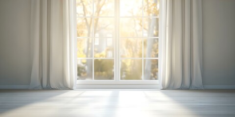 A bright, airy interior space with a large window, soft curtains, and sunlight streaming in. Concept Bright Interior Design, Natural Light, Airy Spaces, Window Aesthetics, Soft Curtains