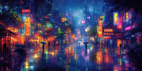 city background at night colorful lights in the rain