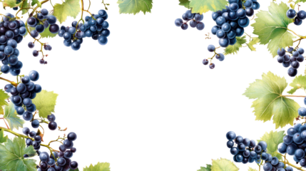 Fresh, ripe black grapes with vibrant green leaves arranged in a decorative pattern against a white background.