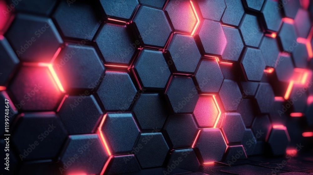 Poster a dark, textured hexagonal pattern illuminated by glowing red lines, creating a modern, futuristic a