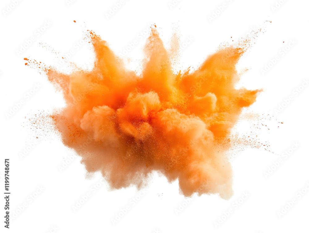 Poster vivid orange powder explosion creating dynamic patterns against a dark background isolated on a whit