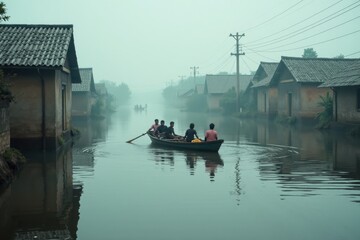 Obraz premium A serene village is submerged in water, with only the tops of houses visible. A small group of villagers is seen rowing a boat towards safety in the distance