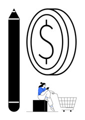 Large pencil, coin with dollar symbol, person sitting near shopping cart using phone. Ideal for finance, shopping, creativity, writing, telecommunication e-commerce minimalism. Abstract line flat