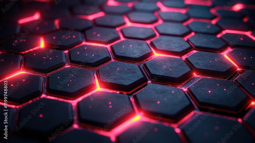 Poster a close-up view of hexagonal patterns illuminated by vibrant red light, creating a modern, sleek sur