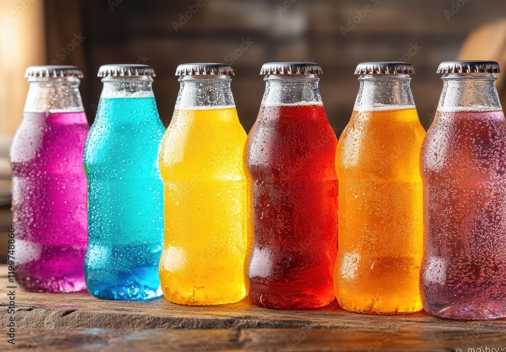 Poster vibrant assortment of colorful soft drinks in glass bottles on a rustic wooden surface with refreshi