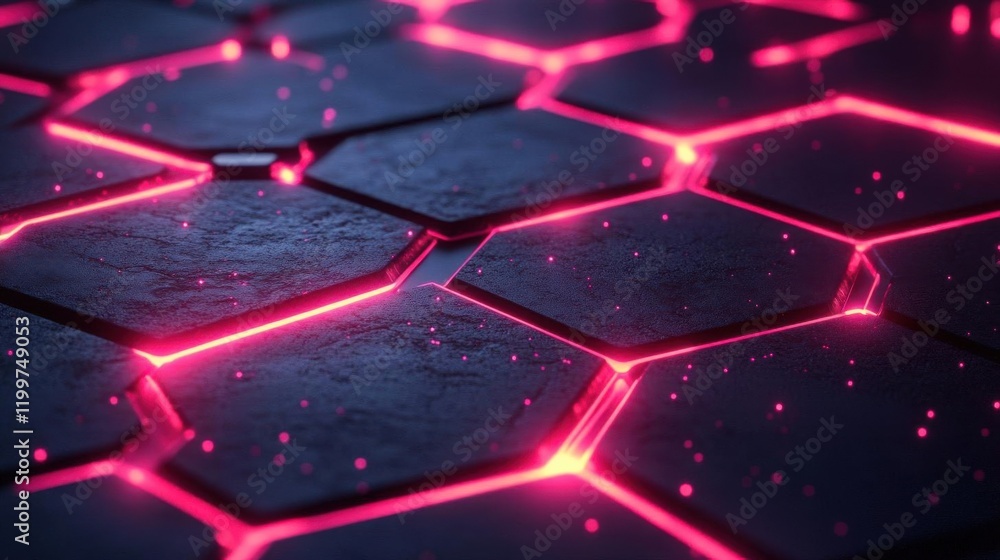 Poster a futuristic hexagonal pattern with glowing pink edges on a dark surface, creating an innovative and