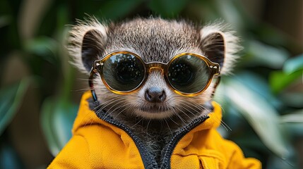 Fototapeta premium Stylish raccoon wearing sunglasses and a bright jacket in a lush green environment