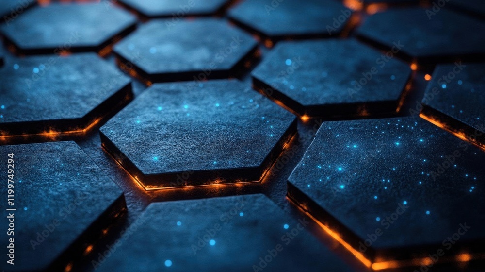 Aufkleber a futuristic hexagonal pattern with glowing edges, set against a dark background, creating a mesmeri