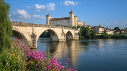Fototapeta premium Stone bridge over a river with flowers along the edge - generated AI