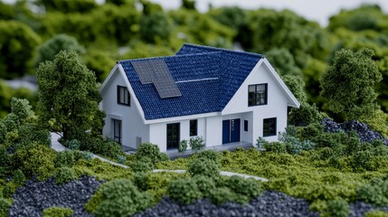 Modern House Model on Lush Green Landscape with Trees and Rocks