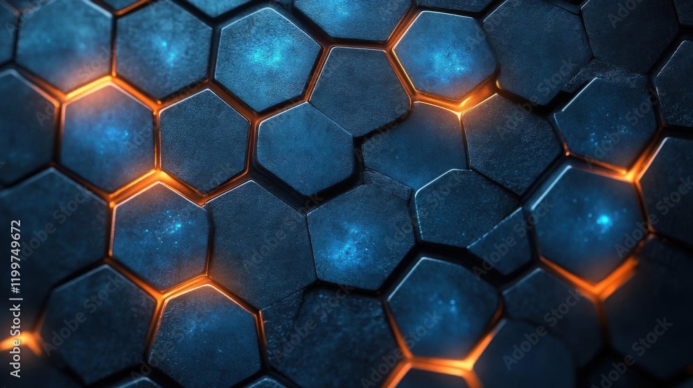 Poster a close-up of a hexagonal pattern with glowing orange highlights against a dark, textured background