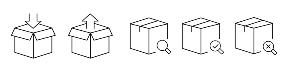 Package, parcel, box, delivery, distribution, import, export and return editable stroke outline flat icons set isolated on white background flat vector illustration. Pixel perfect