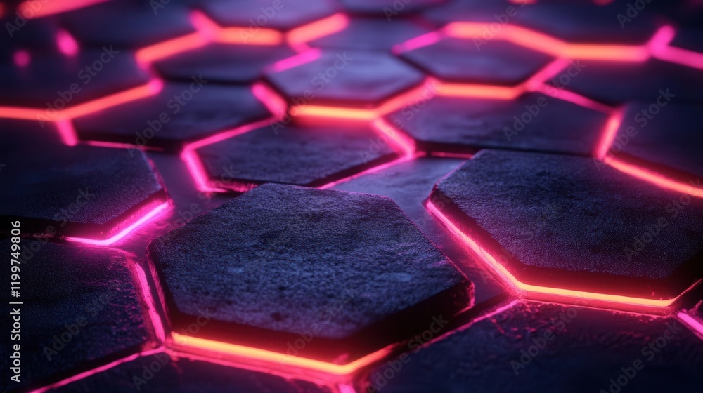 Poster a dark, illuminated hexagonal pattern with vibrant pink neon edges, creating a futuristic and tech-i