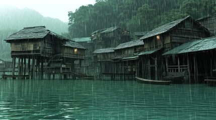 Fototapeta premium Rain over stilt village on lake.