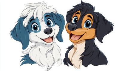 Adorable cartoon puppies!  One fluffy blue and white, the other sleek black and tan.  Happy expressions and bright eyes!
