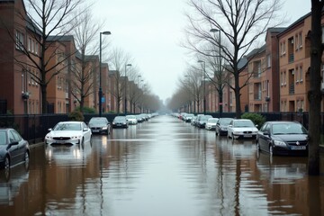 Fototapeta premium A quiet flooded street in a brick town, with abandoned cars partially submerged in brown water. Streetlights and trees stand in the stillness under an overcast sky