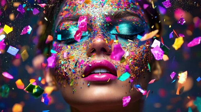 Artistic female face makeup featuring bright colors and shimmering sparkles, surrounded by a joyful explosion of confetti