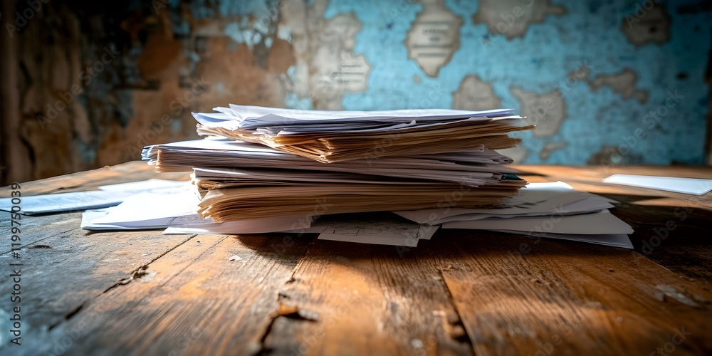 Poster a stack of papers rests on a wooden table in front of a textured wall with a faded map design. light