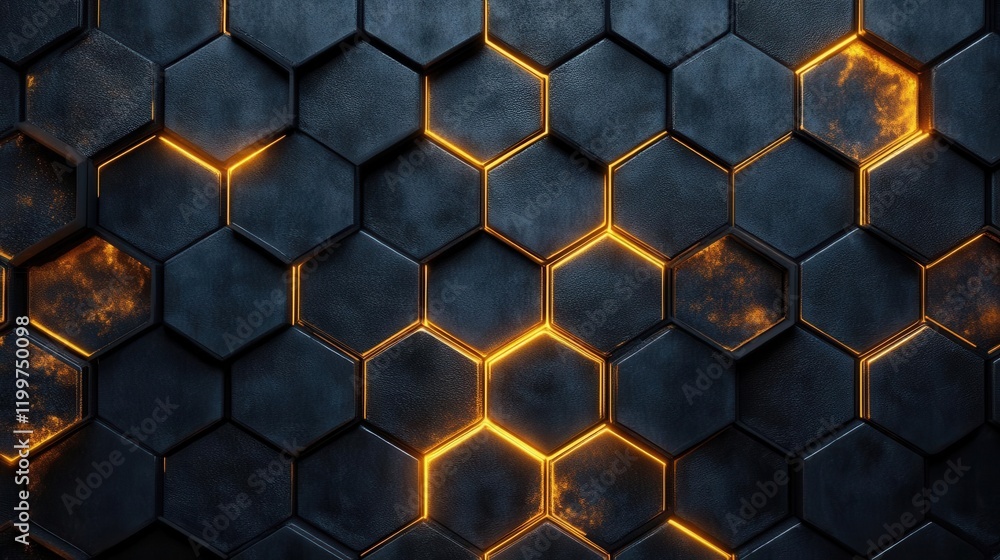 Poster a textured hexagonal pattern with glowing orange highlights against a dark background, creating a mo