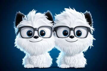Fototapeta premium Two adorable fluffy creatures with glasses sit side-by-side against a dark blue background. Their bright eyes and friendly expressions create a heartwarming image.