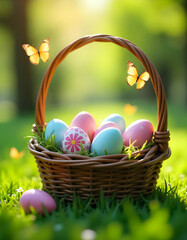 Fototapeta premium Easter eggs in basket on green grass with spring flowers at sunny day