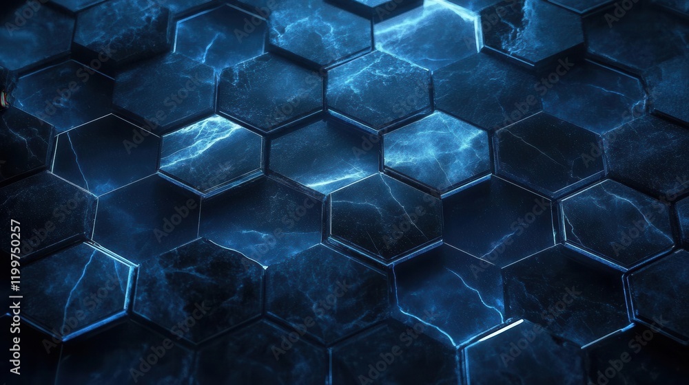 Poster a dark blue hexagonal pattern with a glowing effect, creating a modern and futuristic texture.