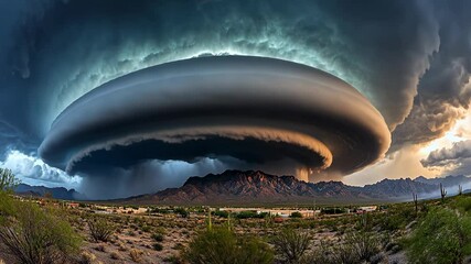 Striking lenticular cloud formation over mountains in desert landscape during stormy weather - Powered by Adobe