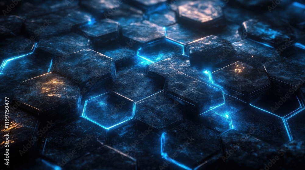 Poster a close-up view of a hexagonal patterned surface illuminated with glowing blue accents, showcasing a