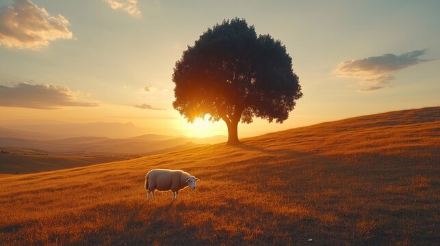 Sunny countryside with rolling hills and grazing sheep - generated AI