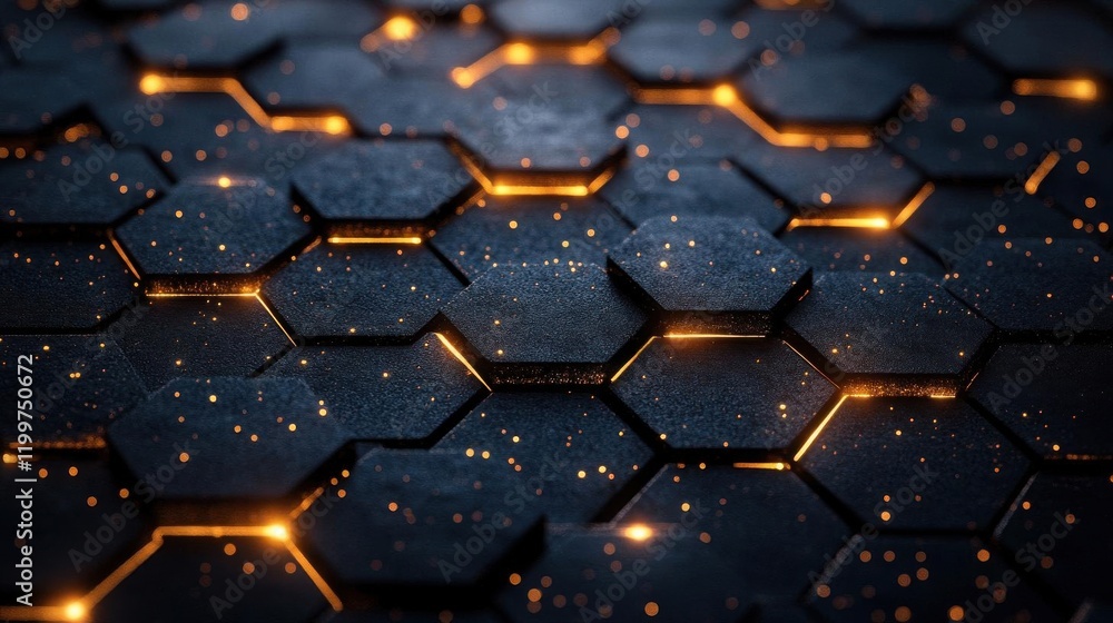 Poster a close-up view of a dark hexagonal pattern illuminated with warm glowing highlights, creating a mod