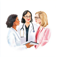 Fototapeta premium Three female doctors discussing medical topics in a clinic.