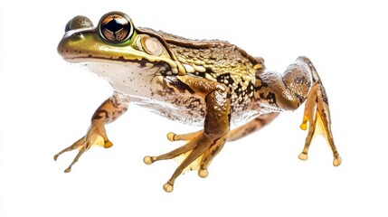 Fototapeta premium A frog leaping forward, its legs fully extended, isolated on a seamless white background,