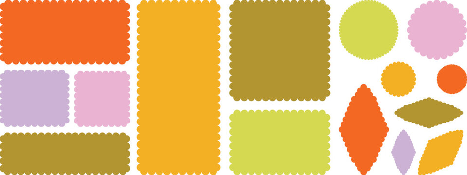 Color rectangle frames with wiggly borders. Geometric shapes with scallop and zigzag edges set. Silhouette stickers circle, square, oval and rectangle labels. Rectangle shape frame with zigzag edge.