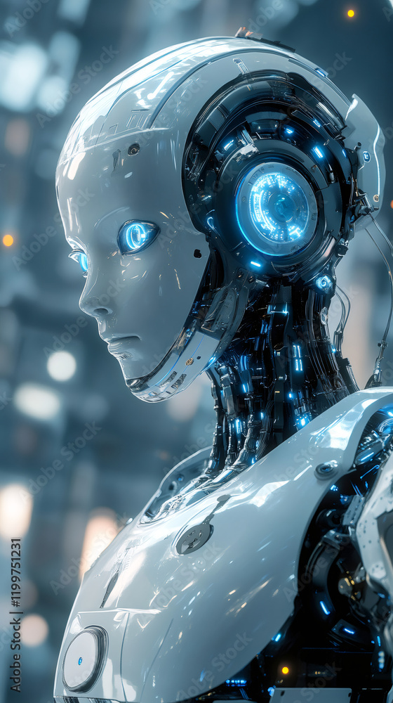 Poster close-up of a futuristic female android robot showing artificial intelligence with glowing blue eyes