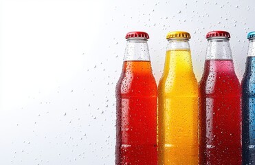 Vibrant Colored Bottles of Soft Drink with Water Droplets on Glass and an Inviting Refreshing Look Suitable for Summer Promotions and Advertisements