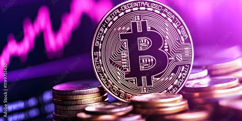 Aufkleber a bitcoin coin is placed on a stack of coins, with a graph showing fluctuating values in the backgro