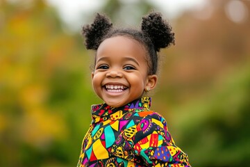 cheerful portrait of child wearing bright playful outfit with colorful patterns smiling outdoors against softly blurred
