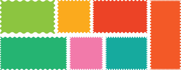 Rectangle shape frame with zigzag edge. Color rectangle frames with wiggly borders. Geometric shapes with scallop and zigzag edges set. Silhouette stickers circle, square, oval and rectangle labels.